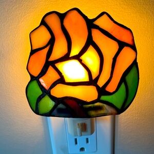 Tiffany Style Stained Glass Rose Shaped Night Light - Pink, Green and Blue Glass